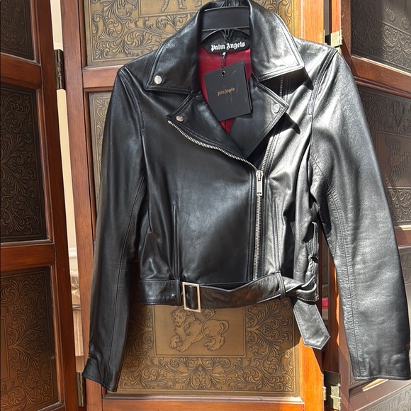 Palm Angels Logo Print Leather Belted Biker Jacket - Picture 7 of 12